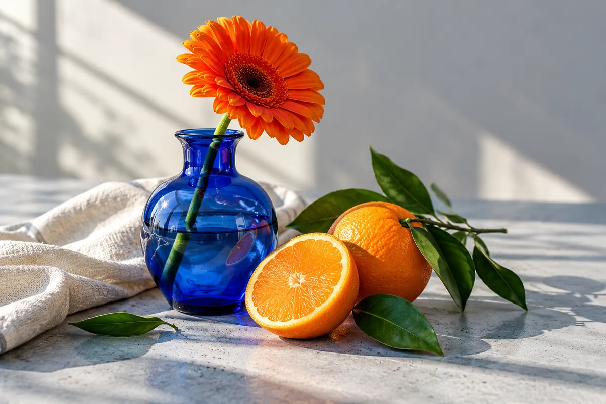 The original orange flower and blue vase sample photograph